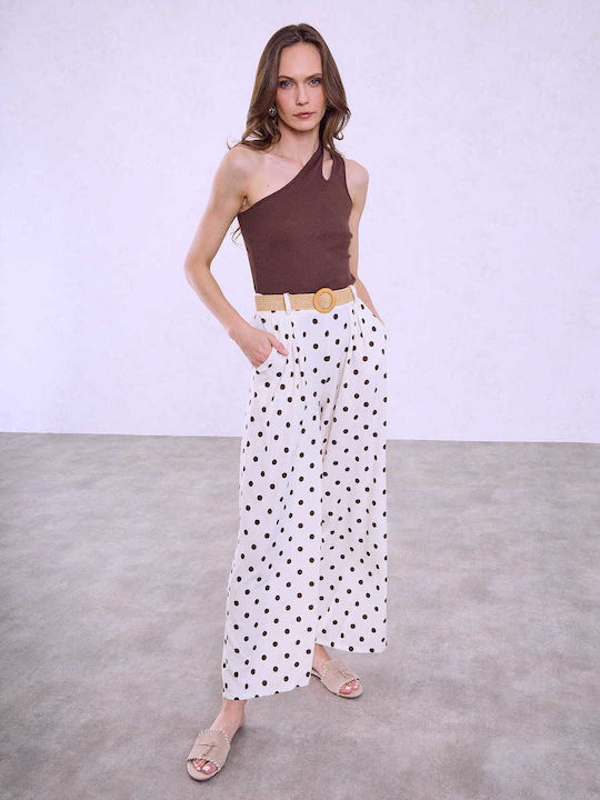 Celestino Women's Trousers Polka Dot Straw Belt Ecru