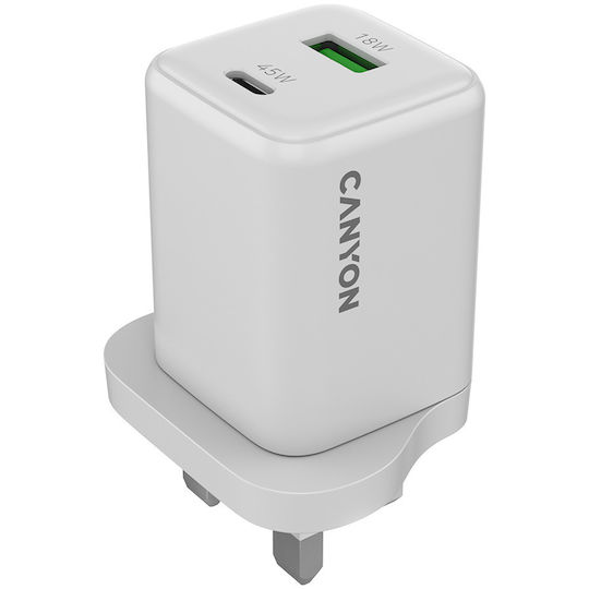 Canyon Φορτιστής με Ενσωματωμένο Καλώδιο GaN με Θύρα USB-A και Θύρα USB-C 45W Power Delivery Λευκός