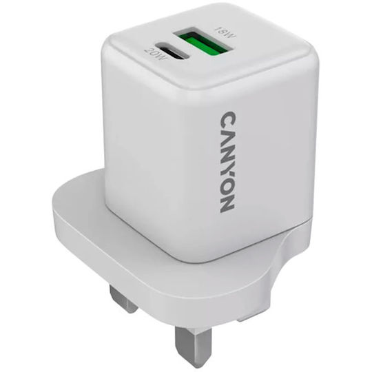 Canyon Φορτιστής με Ενσωματωμένο Καλώδιο GaN με Θύρα USB-A και Θύρα USB-C 20W Power Delivery Λευκός