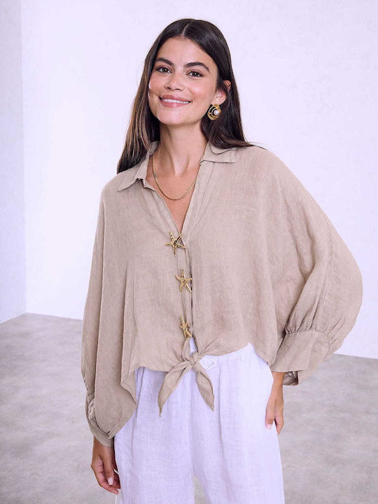 Celestino Damenhemd Kurz Leinen Bindung Loose Fit Beige