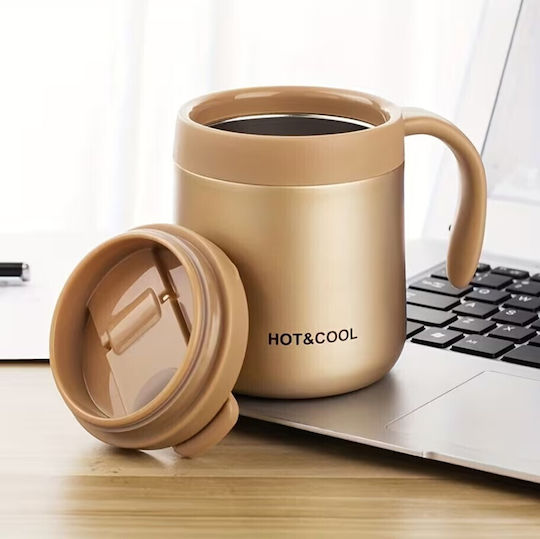 Handled Tumbler Thermos Stainless Steel / Glass 500ml Gold Insulated Travel Mug with Straw and Handle