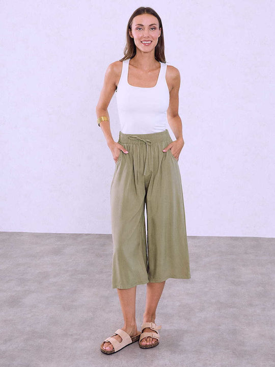 Celestino Zip-Culottes Baumwollstoff Loose Fit Olivgrün