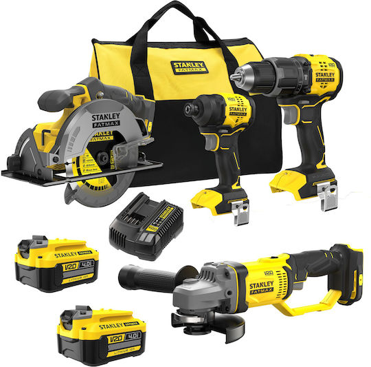 Stanley SFMCK459M2S-QW Σετ Γωνιακός Τροχός, Δισκοπρίονο, Κρουστικό Δραπανοκατσάβιδο & Παλμικό Κατσαβίδι Brushless 18V με 2 Μπαταρίες 4Ah και Θήκη