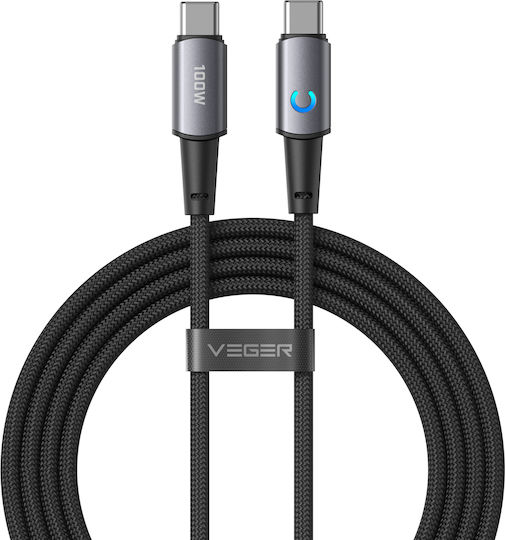 Veger LED / Braided USB 2.0 Cable USB-C male - USB-C 100W Μαύρο 1.5m CC1-ZSD