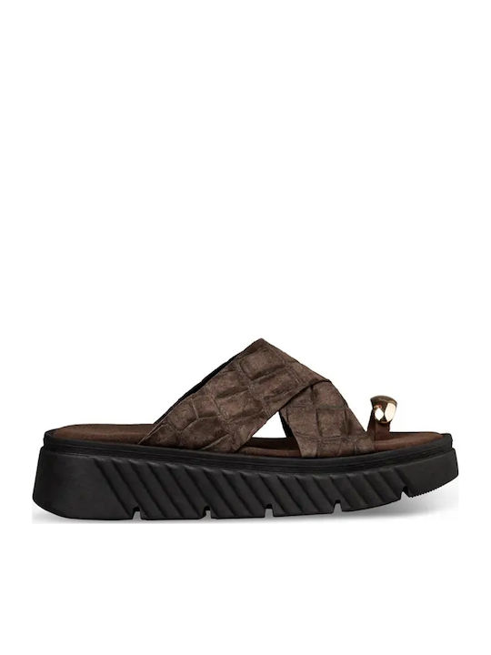 Δερμάτινα Γυναικεία Σανδάλια Flatforms Καφέ