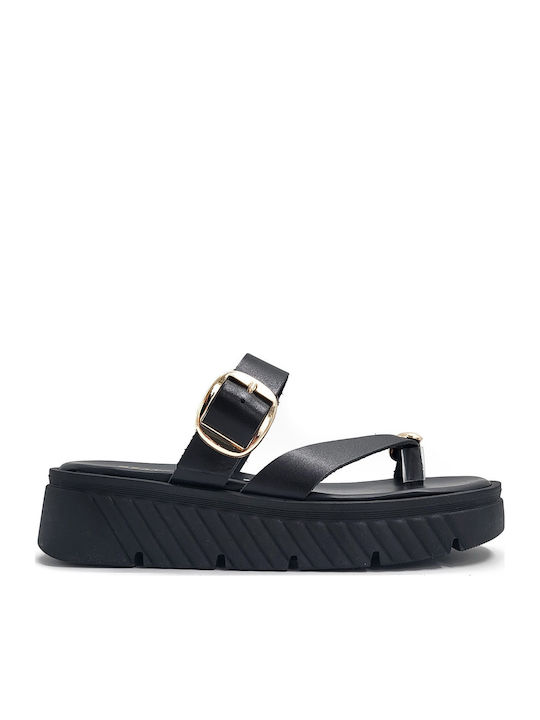 Leder Flache Damen Sandalen Flatforms Schwarz