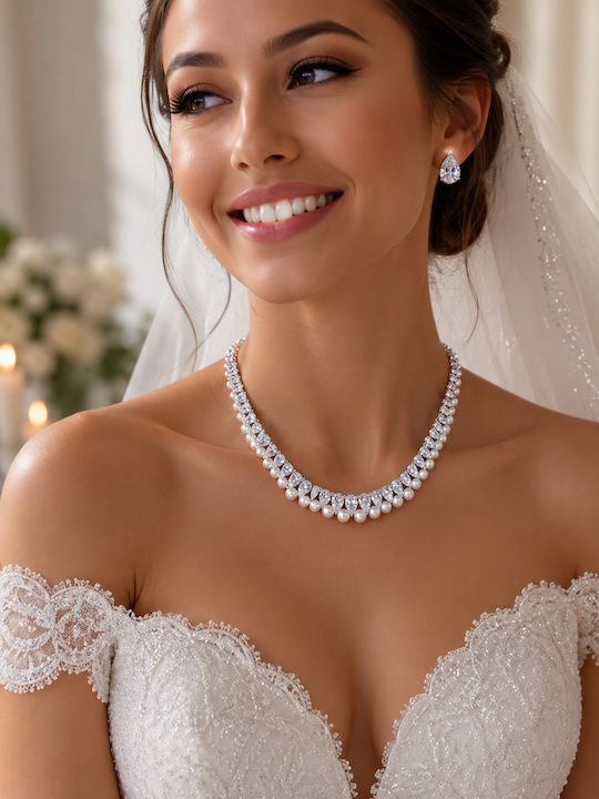 Jewelry Set with Necklace & Earrings in White Gold with Stones and Pearls
