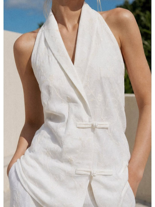 Women's Summer Linen Sleeveless Blouse with Tie at Neck Ecru