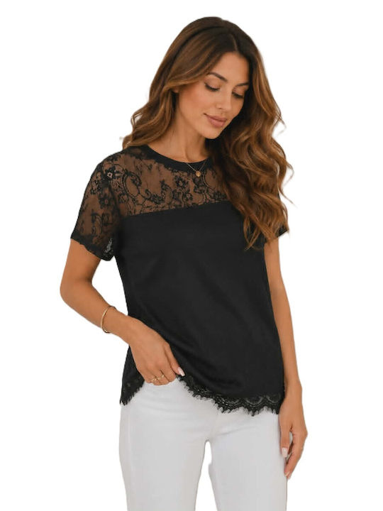Women's Blouse with Lace & Mesh Black