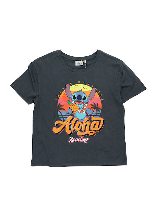 Γυναικεία Καλοκαιρινή Μπλούζα Lilo & Stitch "aloha Beaches" – Σκούρο Γκρι Γραφίτης 100% Βαμβάκι Ez35022 Γραφίτης