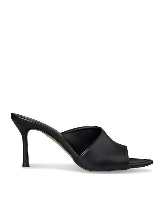 Leather Mules with Thin Heel in Black Colour