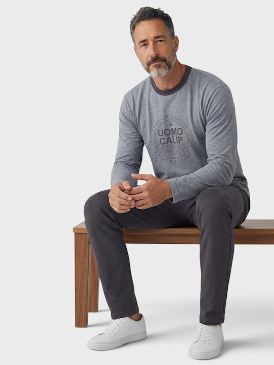 Men's Pyjama Fleece Collection Round Neck & Grey Print Cl2711-1-Grey