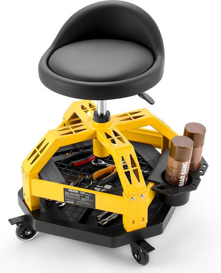 Professional Work Stool Vevor Wheels Adjustable Height 500-650 Mm 360° Rotation 150 Kg Capacity Mechanic Garage Stool Back Storage Tool Tray Professional Chair Upholstered Seat Black Yellow