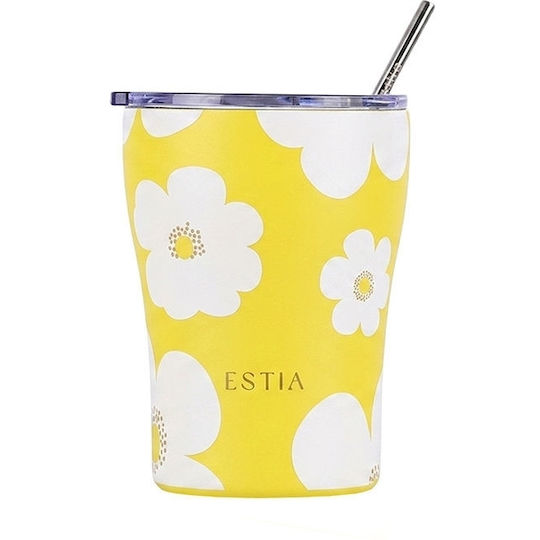 Estia Coffee Mug Save The Aegean Thermos Stainless Steel BPA Free 350ml Yellow Daisy with Straw