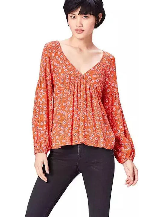 Bluza Damă Mânecă Lungă cu Decolteu în V Model Floral Portocaliu