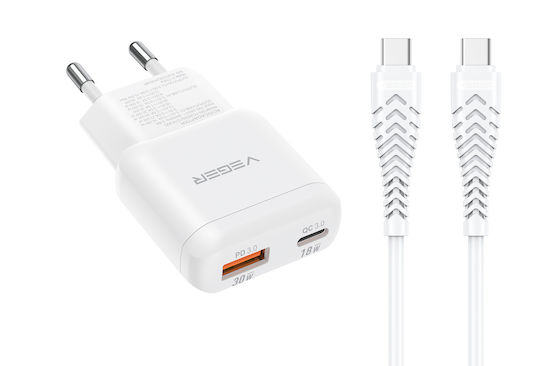 Veger Încărcător GaN cu Port USB-A și Port USB-C și Cablu USB-C - USB-C 30W Power Delivery / Quick Charge 3.0 / SuperCharge Alb (TR120-1A1C)