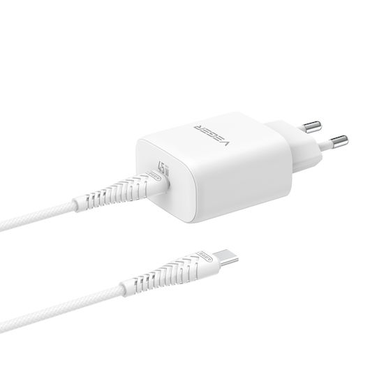 Veger Încărcător GaN cu Port USB-C și Cablu USB-C - USB-C 45W Power Delivery / SuperCharge Alb (TR101-45W1C)
