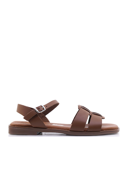 Leather Women's Flat Sandals Tabac Brown