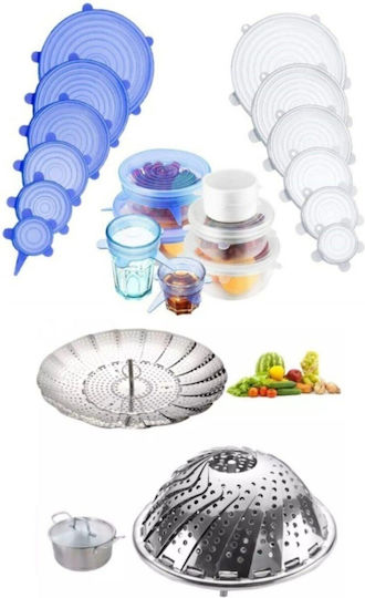 Stewehome Set 6 Pieces Elastic Silicone Covers Set 2 Pieces Steam Basket Vegetable Stainless Steel White