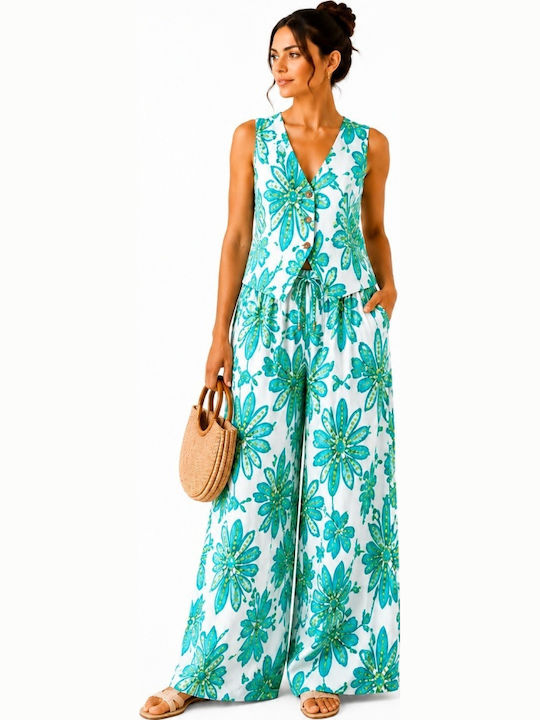 Pantaloni Dama Verde Set Cu Pantalon Palazzo Hi...