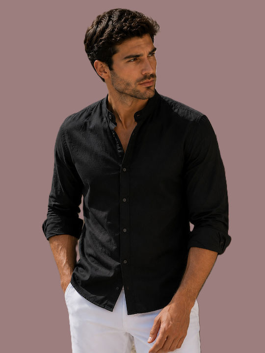 Adrexx Long Sleeve Linen Shirt in Regular Fit Black