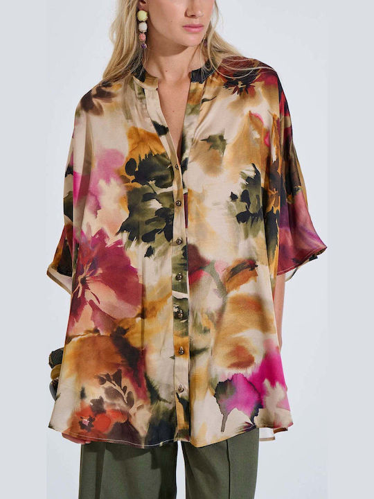Long Sleeve Women's Satin Shirt Olive