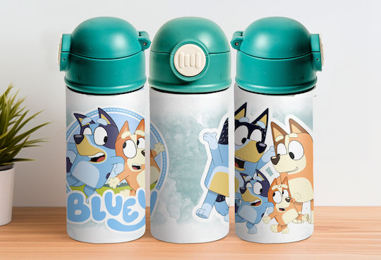 Cap Kids Water Bottle Thermos Bluey Stainless Steel with Straw Turquoise 360ml Personalized