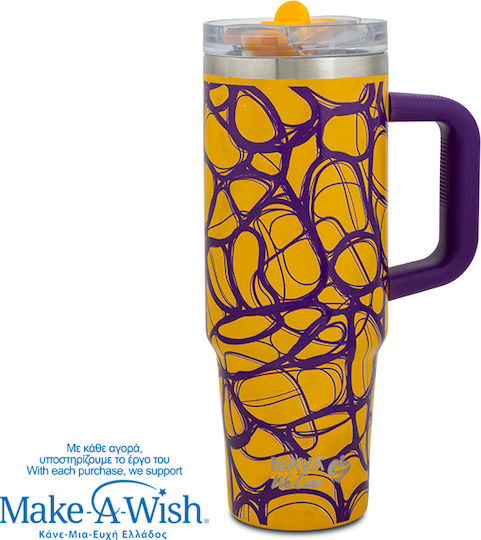 Nava "we Care" Handled Tumbler Thermos Stainless Steel 900ml Yellow Print with Straw and Handle