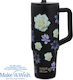 Nava "we Care" Handled Tumbler Thermos Stainless Steel / Plastic 900ml Black Floral with Straw and Handle