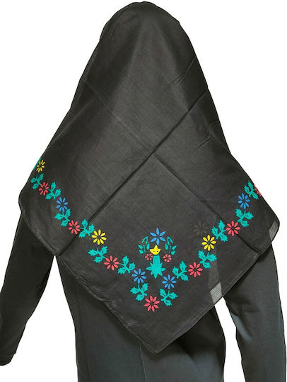 Traditional Olympus Karpathos Headscarf Black Flowers Cotton Mark222 Black