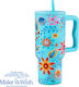 Nava "we Care" Handled Tumbler Thermos Stainless Steel / Plastic 900ml Cyan Floral with Straw and Handle