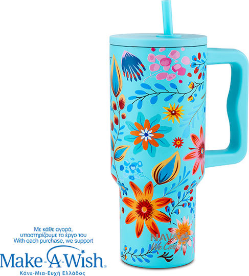 Nava "we Care" Handled Tumbler Thermos Stainless Steel / Plastic 900ml Cyan Floral with Straw and Handle