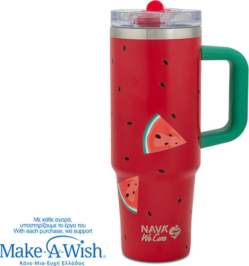 Nava "we Care" Handled Tumbler Θερμός Ανοξείδωτο 900ml Watermelon με Καλαμάκι και Λαβή