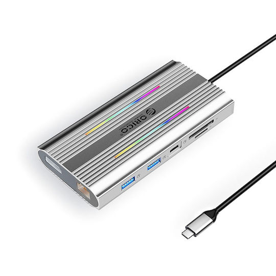 Orico XDR 12in1 RGB USB-C Docking Station with HDMI/DisplayPort 4K PD Ethernet Silver