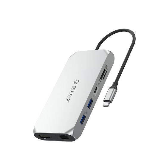 Orico XCR 12in1 USB-C Dockingstation mit HDMI/DisplayPort 4K PowerDelivery Ethernet Silber