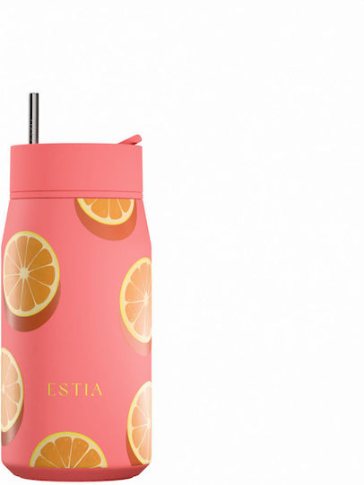 Estia Lens Save the Aegean Thermos Bottle Stainless Steel 360ml Orange Pop with Straw