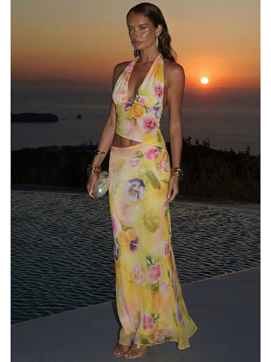 Sommer Maxi Abendkleid Satin Off-Shoulder Gelbe