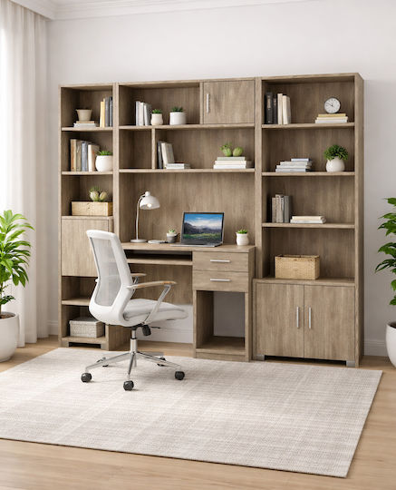 Birou pentru copii cu Bibliotecă din Melamină Gri 215x55x180cm