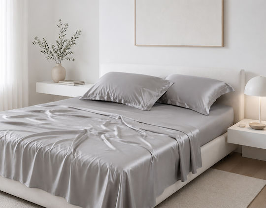 Silk Fashion King Size Bed Sheets Set 270x290cm Light Grey 4 Pieces
