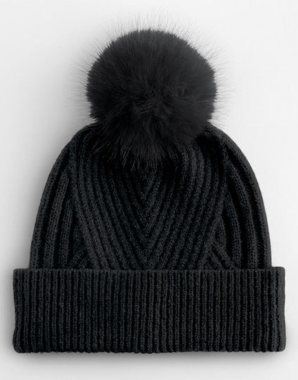 Pom Pom Beanie Unisex Beanie with Rib Knit in Black Colour