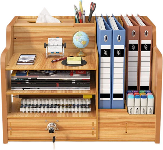 Organizator de Birou din Lemn cu 9 Compartimente Sertar Suport pentru Chei Organizator de Documente A4 Accesorii pentru Bibliorafturi 38.8 X 29 X 28 Cm Maro Deschis