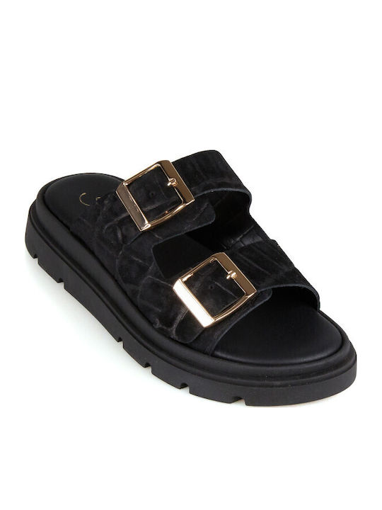 Δερμάτινα Γυναικεία Σανδάλια Flatforms Μαύρα
