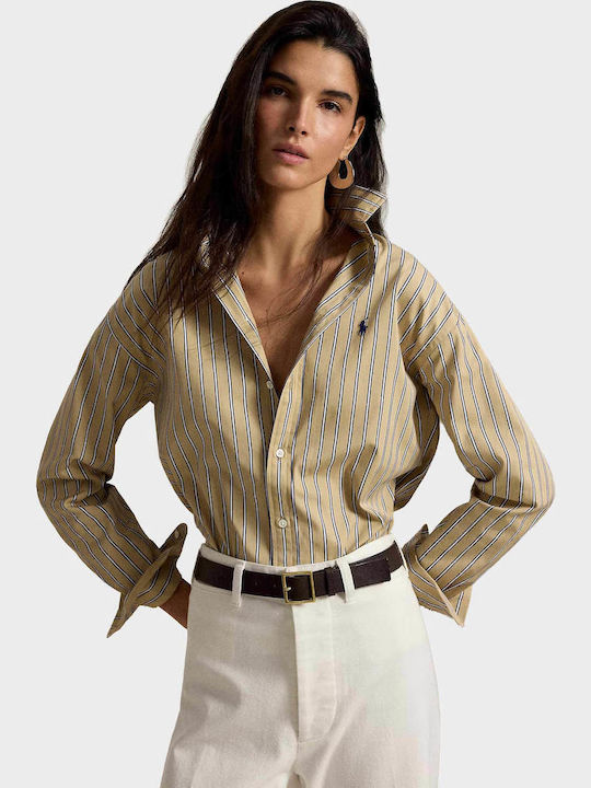 Long Sleeve Women's Shirt Tan Striped