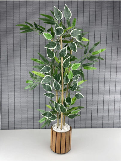 Stewehome Artificial Bamboo Plant Dense Leaves Benjamin Wooden Pot 3 Stems Beige 12x13 Cm