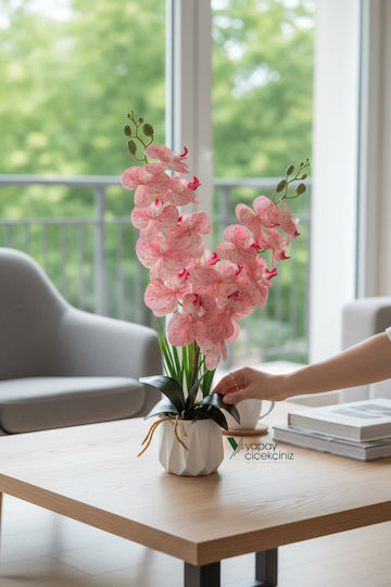 SteweHome Dekorative Künstliche Orchidee Zwei Zweigstellen Flüssige Textur Modernes Weißes Gefäß Rosa
