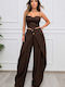 Pantaloni Dama Set Maro Ciocolatiu Cu Pantaloni În Fit Relaxed Cu Dungi
