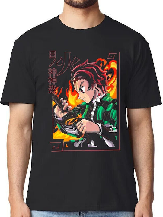 T-shirt Anime Character Illustration Flames Sword Katana Pop Culture Black