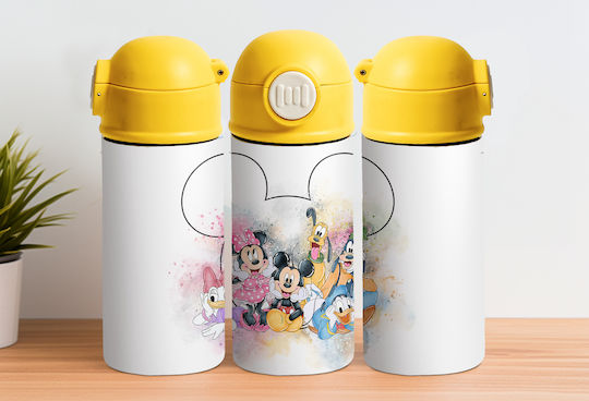 Kids Water Bottle Thermos Mickey Stainless Steel with Straw Yellow 360ml