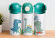 Kids Water Bottle Thermos Dinosaur Stainless Steel With Straw Turquoise 360ml