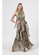 Summer Maxi Satin Dress with Ruffles Iridescent Olive